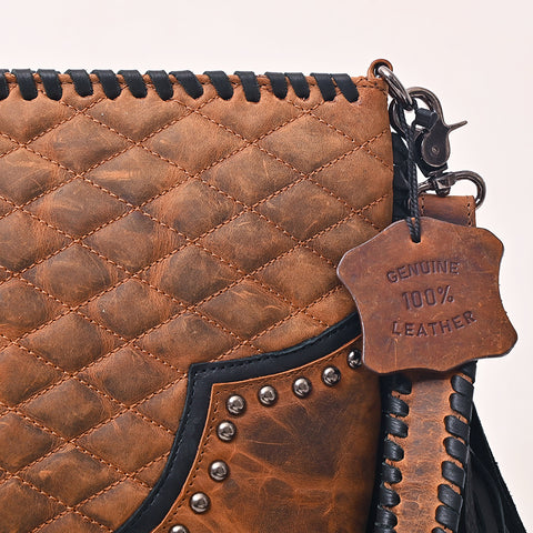 American Darling Quilted Western Leather Cross body Bag with Fringes and Rivets