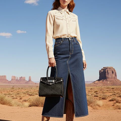 American Darling Western Leather Tote Bag with Hair-On Cowhide and Concho