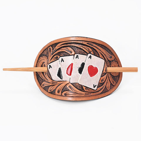 ADHCG101A-L American Darling Hand Tooled Leather Hair Clip with Playing Cards Design |