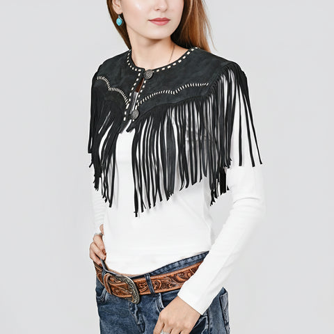 American Darling Black Suede Leather Fringe Cape Western Concho Vest