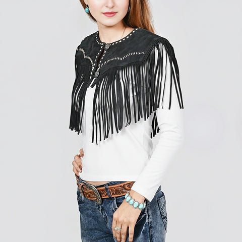 American Darling Black Suede Leather Fringe Cape Western Concho Vest