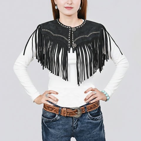 American Darling Black Suede Leather Fringe Cape Western Concho Vest