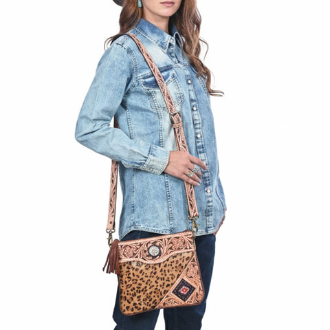 American Darling Western Hand Tooled Floral Cross body Bag - hair-on Cowhide