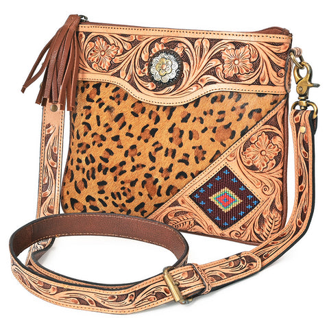 American Darling Western Hand Tooled Floral Cross body Bag - hair-on Cowhide