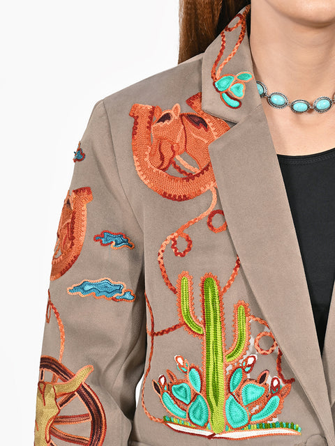 American Darling Grey Fabric Blazer Jacket Western Wagon Cactus Embroidery