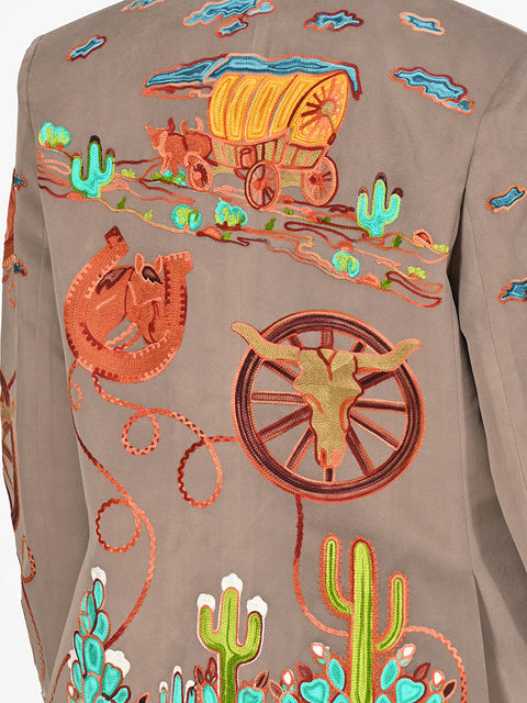 American Darling Grey Fabric Blazer Jacket Western Wagon Cactus Embroidery