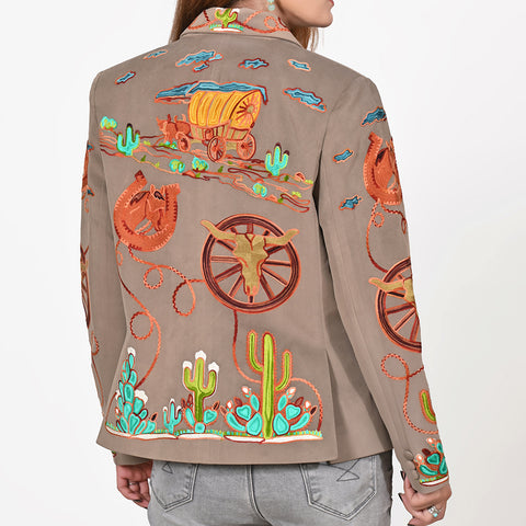 American Darling Grey Fabric Blazer Jacket Western Wagon Cactus Embroidery