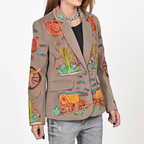American Darling Grey Fabric Blazer Jacket Western Wagon Cactus Embroidery