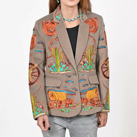 American Darling Grey Fabric Blazer Jacket Western Wagon Cactus Embroidery