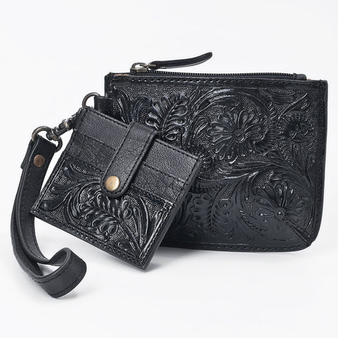 American Darling Western Leather Coin Purse with card holder - Hand-Tooled Floral Carved