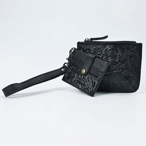 American Darling Western Leather Coin Purse with card holder - Hand-Tooled Floral Carved