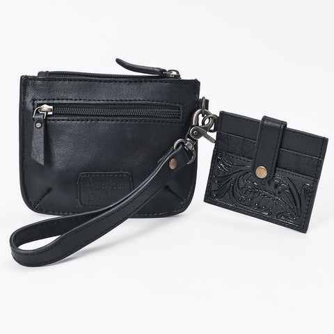 American Darling Western Leather Coin Purse with card holder - Hand-Tooled Floral Carved