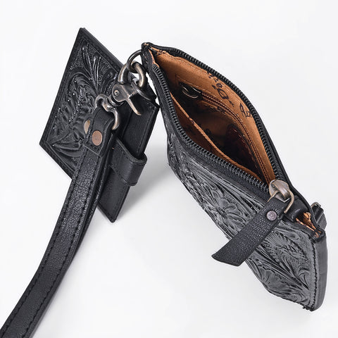 American Darling Western Leather Coin Purse with card holder - Hand-Tooled Floral Carved