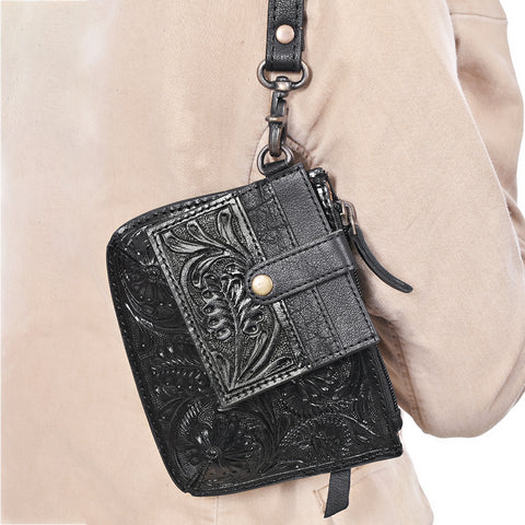 American Darling Western Leather Coin Purse with card holder - Hand-Tooled Floral Carved