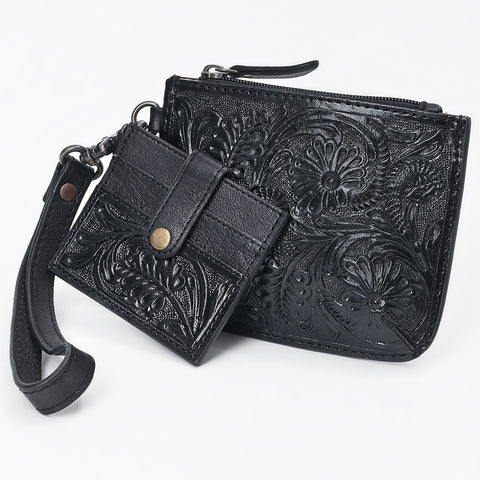American Darling Western Leather Coin Purse with card holder - Hand-Tooled Floral Carved