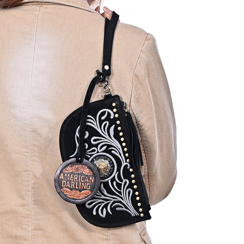 ADBGA1011 American Darling Suede Leather Wristlet Bag Genuine Leather Western Purse