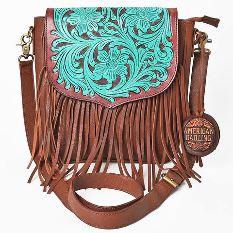 ADBGA1025 American Darling Handcrafted Hand Tooled Leather Western Cross body Bag with Fringes