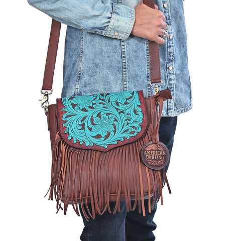 ADBGA1025 American Darling Handcrafted Hand Tooled Leather Western Cross body Bag with Fringes