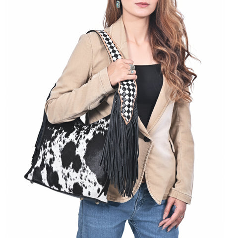 ADBGA1076 American Darling Handcrafted Hair-On Cowhide Western Leather Hobo Bag with Fringes