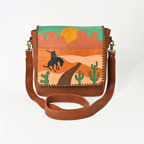 American Darling Western Leather Messenger Bag with Braided Edge and Hand-Painted Scene