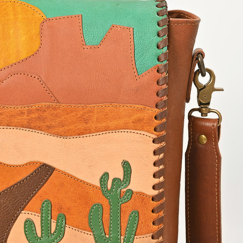 American Darling Western Leather Messenger Bag with Braided Edge and Hand-Painted Scene
