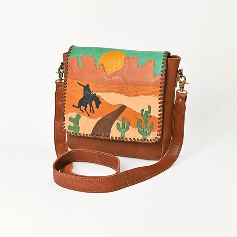 American Darling Western Leather Messenger Bag with Braided Edge and Hand-Painted Scene