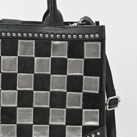 ADBGM937 American Darling Black Leather Metallic Checkered Studded Tote Bag