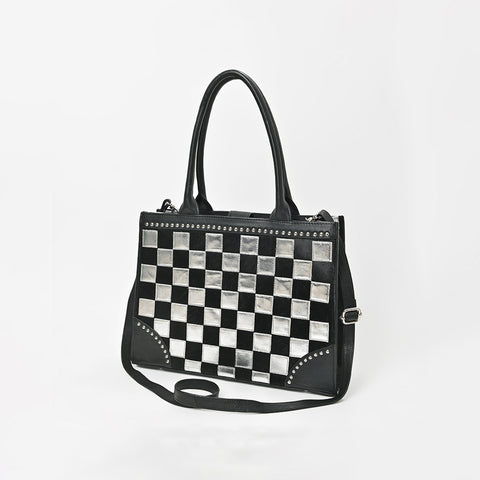 ADBGM937 American Darling Black Leather Metallic Checkered Studded Tote Bag