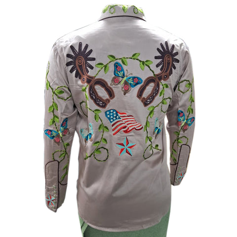 ADSH049 American Darling Light Mauve Western Apparel - Embroidered Cotton Satin Butterfly Shirt