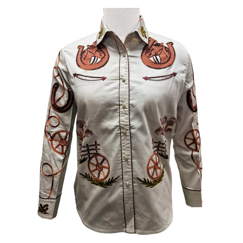 ADSH057 American Darling Off White Western Apparel - Embroidered Cotton Twill Cowboy Shirt