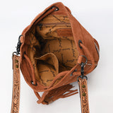 ADBG1656 Tan Suede Bucket Bag with Tooled Leather, White Embroidery & Drawstring Closure