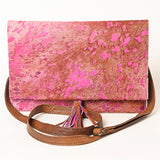 ADBG1295 Pink Acid-Wash Cowhide Leather Clutch - Metallic Hair-On Crossbody with Tassel