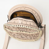 ADBG1461 Round Natural Hand-Tooled Leather Canteen Bag - Floral Whipstitch Western Style