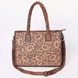 ADBG1173 Floral Hand-Tooled Leather Tote Bag - Braided Handles & Adjustable Strap