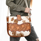 ADBG1485 Cowhide and Tooled Leather Shoulder Bag with Western Rope Strap