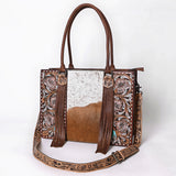 ADBG1718 Tooled Leather & Cowhide Western Tote Bag with Fringe and Floral Embroidery