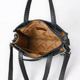 ADBG1751 Black & White Cowhide Leather Tote Bag with Silver Stud Accents and Concho Tassel