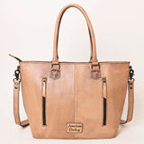 ADBG1246 Hand-Tooled Metallic Silver Leather Tote Bag - Western Floral Design with Dual Handles