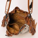 ADBG1272 Hair-On Hide Leather Fringe Bucket Bag with Turquoise Concho Accent