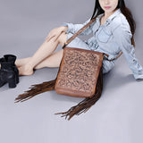 ADBG507 Tooled Leather Fringe Crossbody Bag with Adjustable Strap Western Floral Design