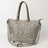 ADBG1246 Hand-Tooled Metallic Silver Leather Tote Bag - Western Floral Design with Dual Handles