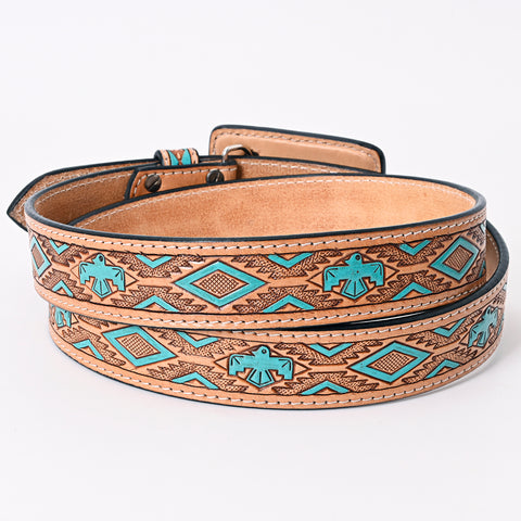 ADBLF173 Western Handtooled Leather Belt - Turquoise Thunderbird & Tribal Geometric Design