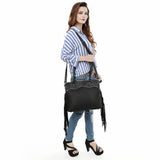 ADBG1501 Black Tooled Leather Tote Bag - Western Fringe & Floral Yoke Design