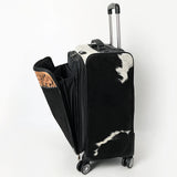 ADBG1576 Western Rolling Luggage - Black & White Hair-On Hide with Floral Tooled Leather