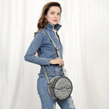 ADBG1461 Round Natural Hand-Tooled Leather Canteen Bag - Floral Whipstitch Western Style