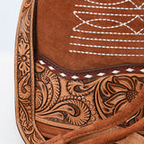 ADBG1656 Tan Suede Bucket Bag with Tooled Leather, White Embroidery & Drawstring Closure