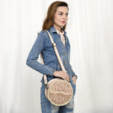 ADBG1461 Round Natural Hand-Tooled Leather Canteen Bag - Floral Whipstitch Western Style