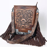 ADBG256 Tooled Leather & Cowhide Fringe Messenger Bag Western Boho Crossbody by American Darling