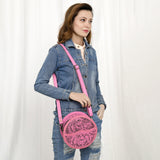 ADBG1461C Round Pink Hand-Tooled Leather Crossbody Bag - Bold Western Floral Design