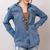 LC-ADSH025 Genuine Leather Hand Tooled Women 100% Cotton Denim Shirt Jacket Dress